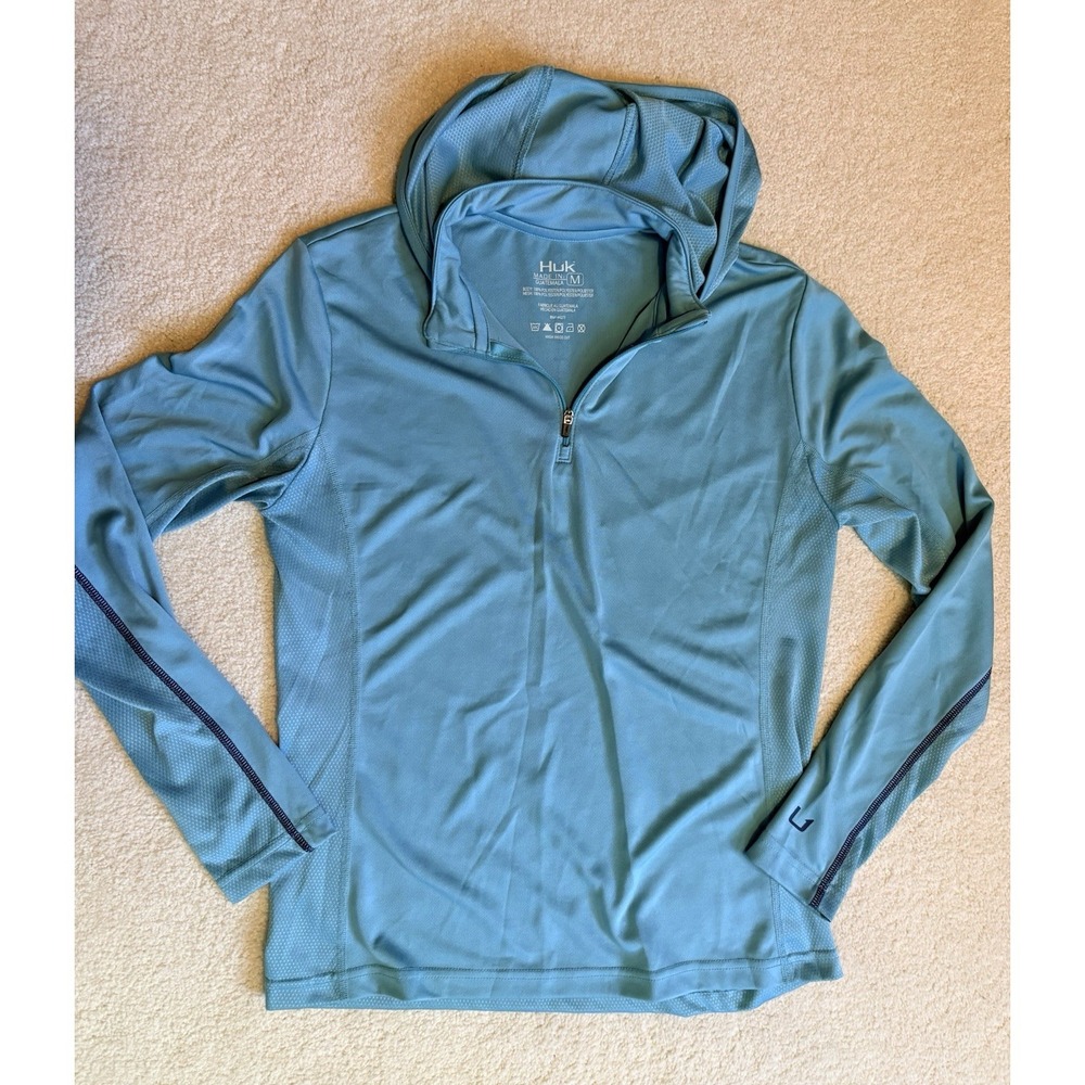 Huk Performance 1/4 Zip Hooded Shirt Long Sleeve Woman's Medium Teal Blue